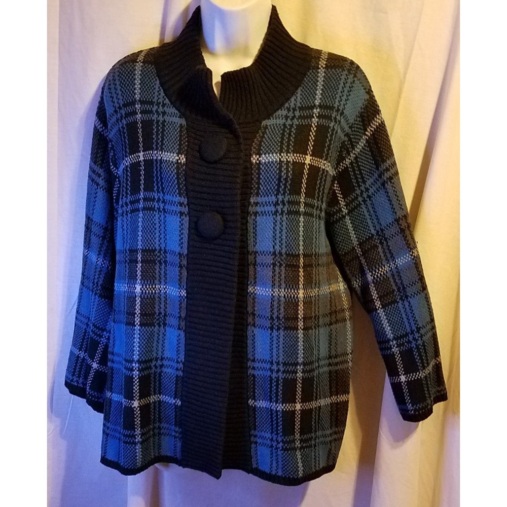 Dressbarn Woman's Sweater Cardigan Black/blue Plaid Style 2 Buttons, Size XL Vtg